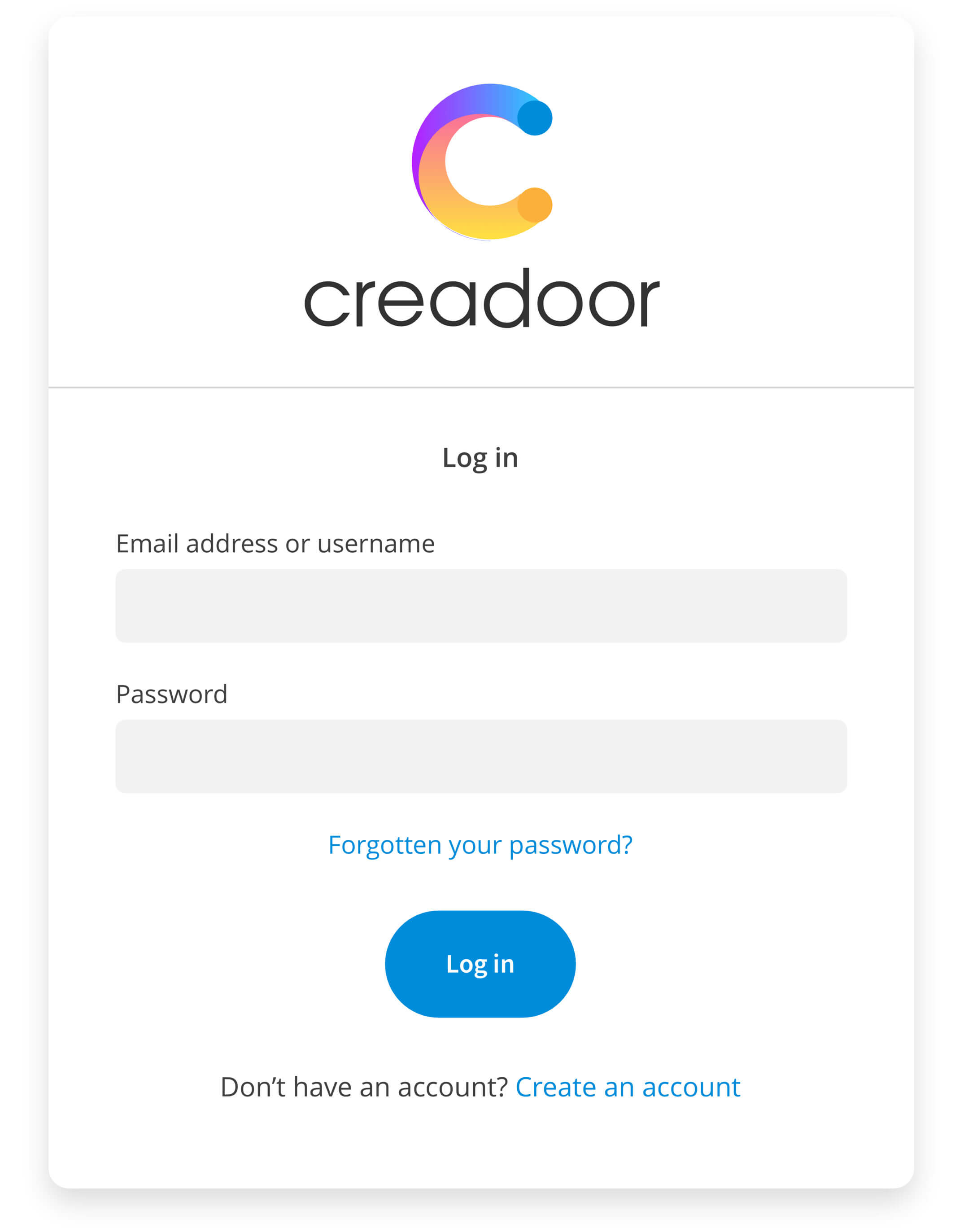 Creadoor - log in screen
